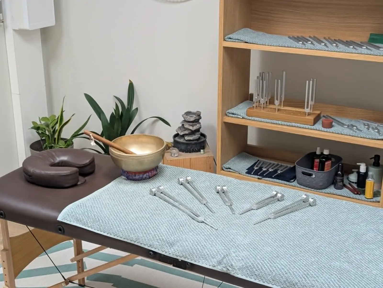 Table de soin dressée dans le cabinet de Krystyna Butryn à Perpignan : huit diapasons thérapeutiques posés en éventail sur un drap, un bol chantant tibétain et son maillet, et l'étagère où sont rangés les autres diapasons et les huiles