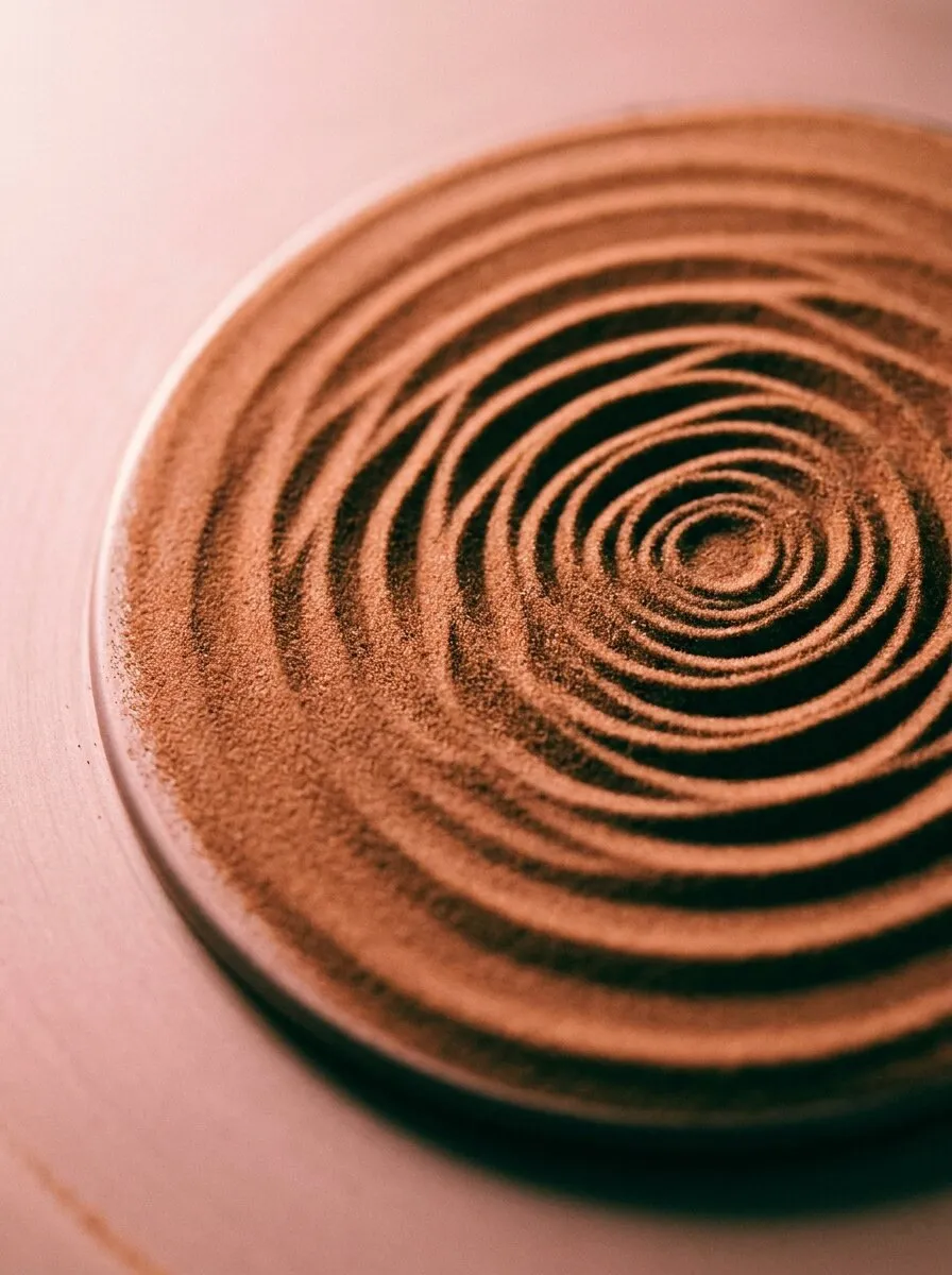 Figure de cymatique : le sable dessine des ondes concentriques sous l'effet d'une fréquence